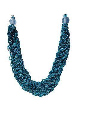 Vintage Handmade Seed Beaded Chunky Rope Necklace Blue Beads Glass Accents
